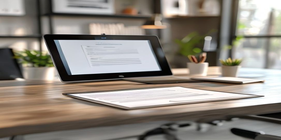 Professional minimalist invoice template displayed on a tablet for California businesses