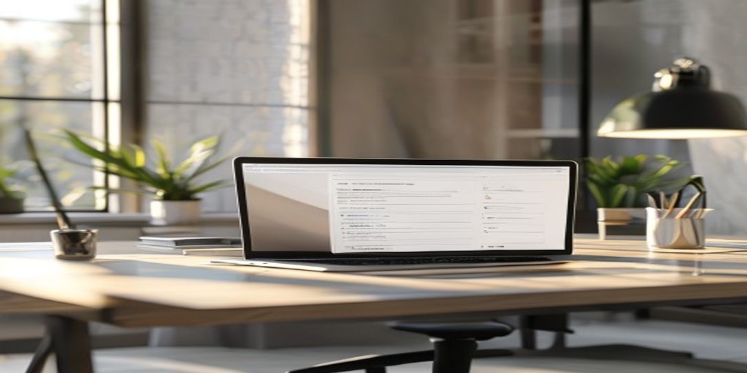 A modern workspace showing a professional invoice dashboard on a laptop