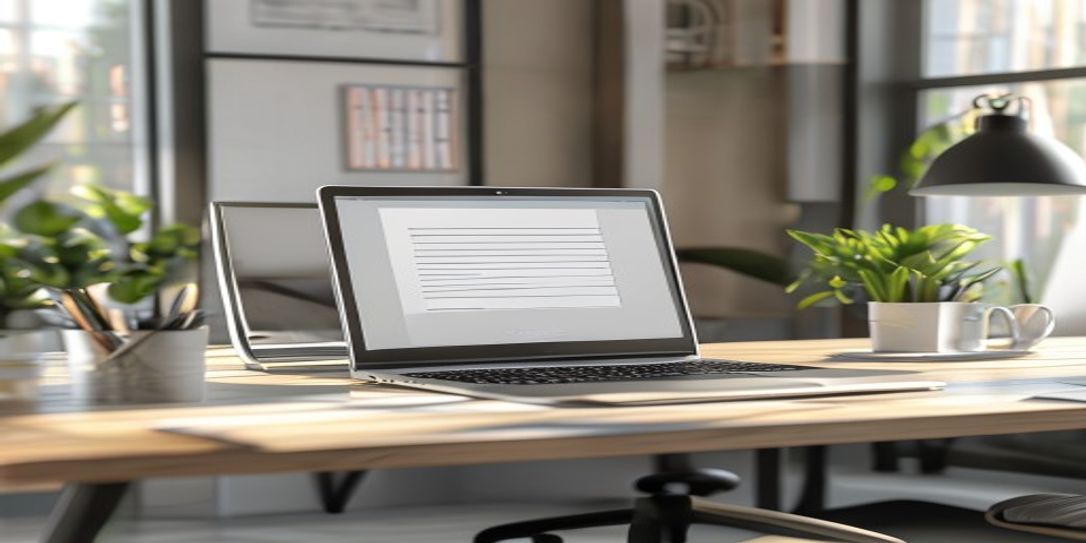 Professional freelance office setup with invoice on laptop screen