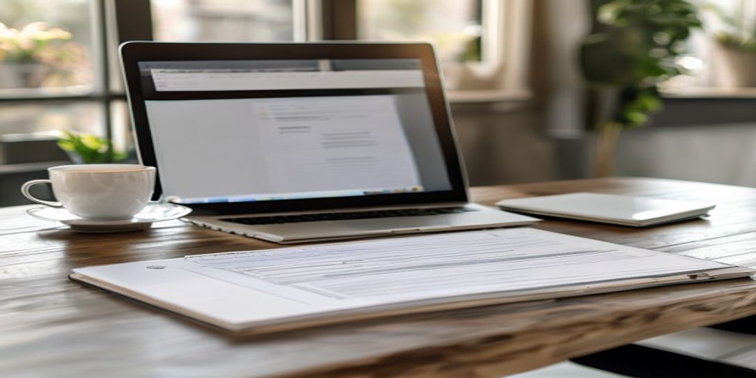 A professional business coach using free invoice software on a laptop