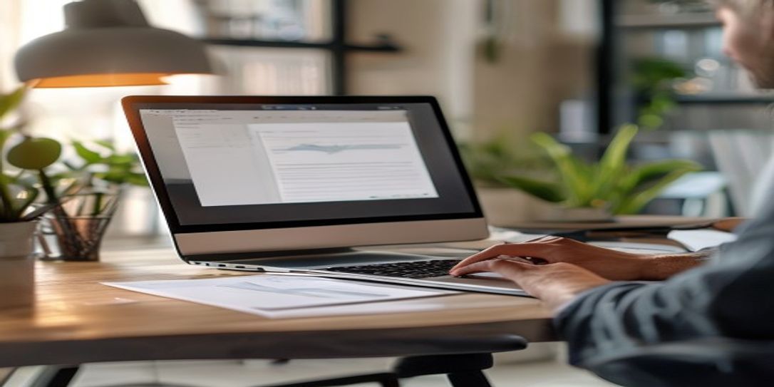 Graphic designer using an online invoice generator on a laptop