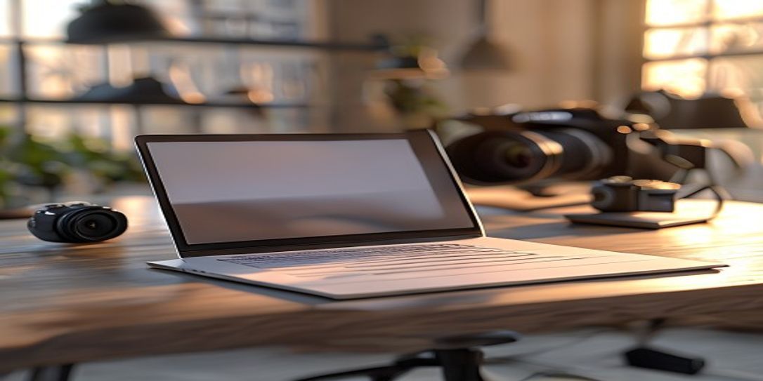 Professional photography invoice template on a laptop in a clean studio workspace